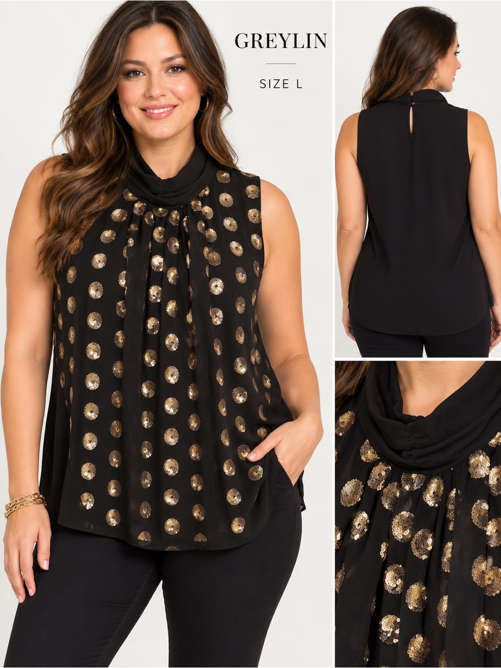 Greylin Woman’s Large Black Sleeveless Cowl Neck Blouse with Gold Metallic Dots